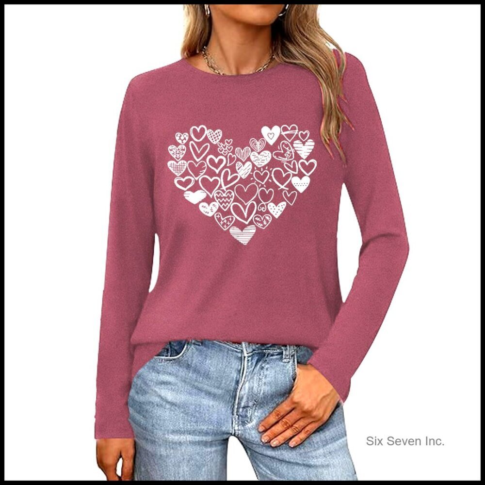 Heart Print Long Sleeve Tee Valentine's Day Gift Casual Top Women's Shirt